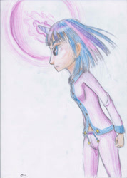 Size: 2066x2903 | Tagged: safe, artist:hanaatori, character:twilight sparkle, species:human, episode:boast busters, g4, my little pony: friendship is magic, clothing, female, glowing horn, horn, horned humanization, humanized, pajamas, scene interpretation, solo, traditional art