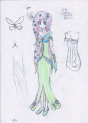 Size: 2068x2899 | Tagged: safe, artist:hanaatori, character:fluttershy, species:human, clothing, dress, female, flower, flower in hair, gala dress, humanized, solo, traditional art