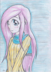 Size: 2068x2900 | Tagged: safe, artist:hanaatori, character:fluttershy, species:human, clothing, female, humanized, scarf, solo, sweater, sweatershy, traditional art