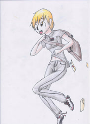 Size: 2089x2871 | Tagged: safe, artist:hanaatori, character:derpy hooves, species:human, female, humanized, mail, short hair, shoulder bag, solo, traditional art