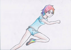 Size: 2903x2066 | Tagged: safe, artist:hanaatori, character:rainbow dash, species:human, converse, female, humanized, running, shoes, solo, traditional art