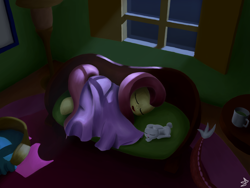 Size: 4000x3000 | Tagged: safe, artist:sheeppony, character:angel bunny, character:discord, character:fluttershy, blanket, couch, duo focus, fluttershy's cottage, night, offscreen character, sleeping