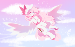 Size: 2020x1280 | Tagged: safe, artist:teapup, oc, oc:teddy bear, species:pegasus, species:pony, bow, cute, flying, painted hooves, pastel, pink, sky, solo
