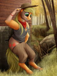 Size: 750x1000 | Tagged: safe, artist:geoffrey mcdermott, character:applejack, species:earth pony, species:pony, bandana, clothing, cowboy hat, female, forest, hairband, hat, human to pony, pants, shirt, solo, transformation