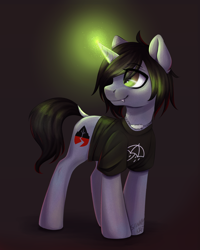 Size: 1800x2253 | Tagged: safe, artist:sannykat, species:pony, species:unicorn, clothing, commission, disguise, disguised siren, dock, fangs, glow, glowing horn, gradient background, hair over one eye, happy, horn, jewelry, kellin quinn, magic, male, necklace, ponified, shirt, sleeping with sirens, slit eyes, solo, stallion, standing, t-shirt, watermark, ych result