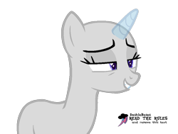 Size: 891x675 | Tagged: safe, artist:kingbases, oc, oc only, species:pony, species:unicorn, bald, bedroom eyes, eyelashes, grin, horn, simple background, smiling, solo, text, transparent background, unicorn oc