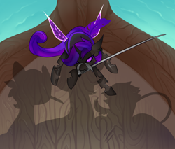 Size: 1000x853 | Tagged: safe, artist:minty--fresh, oc, oc:eva dynerus, species:changeling, battle stance, changeling oc, clothing, hat, offscreen character, pirate, pirate hat, pirate ship, purple changeling, shadow, solo, sword, water, weapon