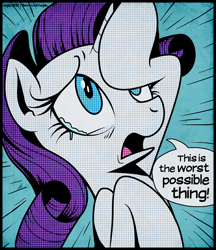 Size: 692x800 | Tagged: dead source, safe, artist:anjila, character:rarity, crying, dialogue, female, i can't believe it's not idw, marshmelodrama, modern art, pop art, roy lichtenstein, solo, speech bubble, style emulation, teary eyes, text, the worst possible thing