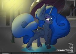 Size: 4961x3508 | Tagged: safe, artist:therealf1rebird, character:princess luna, species:alicorn, species:pony, cute, female, horn, rain, solo, tongue out, umbrella