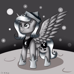 Size: 3000x3000 | Tagged: safe, artist:brilliant-luna, character:princess luna, species:alicorn, species:pony, moonstuck, armor, cartographer's cap, cheek fluff, clothing, cute, ear fluff, female, filly, hat, mare, monochrome, moon, smiling, smirk, solo, space, stars, woona, younger