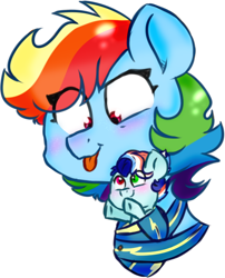 Size: 496x613 | Tagged: safe, artist:honneymoonmlp, character:rainbow dash, oc, oc:sonic rainbow, parent:rainbow dash, parent:soarin', parents:soarindash, species:pegasus, species:pony, moonverse, baby, female, momma dash, mother and child, mother and daughter, next generation, offspring, simple background, white background