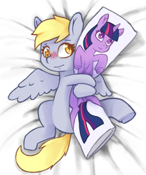 Size: 2120x2553 | Tagged: safe, artist:wild-thunder06, derpibooru original, character:derpy hooves, character:twilight sparkle, species:pegasus, species:pony, bed, blushing, body pillow, embarrassed, female, high res, mare