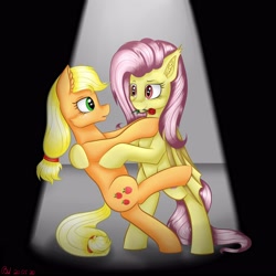 Size: 3000x3000 | Tagged: safe, artist:brilliant-luna, character:applejack, character:flutterbat, character:fluttershy, species:bat pony, species:pony, ship:appleshy, bat ponified, bipedal, cheek fluff, dancing, duo, ear fluff, female, flower, flower in mouth, lesbian, looking at each other, race swap, rose, rose in mouth, shipping, tango