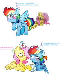 Size: 1159x1449 | Tagged: safe, artist:honneymoonmlp, derpibooru original, character:fluttershy, character:rainbow dash, species:pegasus, species:pony, bandage, bandaid, blushing, bruised, crying, duo, female, filly, filly fluttershy, filly rainbow dash, first aid, protecting, simple background, white background, younger