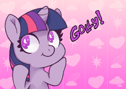 Size: 2016x1426 | Tagged: safe, alternate version, artist:wild-thunder06, character:twilight sparkle, cloud, cute, eye sparkles, female, filly, filly twilight sparkle, golly, heart, no pupils, pink background, simple background, solo, twiabetes, wingding eyes, younger