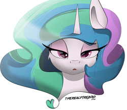 Size: 3649x3187 | Tagged: safe, artist:therealf1rebird, character:princess celestia, species:alicorn, species:pony, bedroom eyes, bust, cheek fluff, cute, cutelestia, eye, eyelashes, eyes, female, head, heart, high res, horn, mane, mare, mouth, mouth hold, portrait, solo