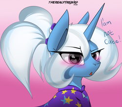 Size: 2245x1967 | Tagged: safe, artist:therealf1rebird, gameloft, character:trixie, species:pony, species:unicorn, alternate hairstyle, babysitter trixie, blatant lies, blushing, bust, cloak, clothing, cute, diatrixes, ears, eye, eyes, female, gameloft interpretation, horn, i'm not cute, mane, mouth, pigtails, portrait, solo, stars, tsundere, tsunderixie