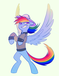 Size: 1019x1299 | Tagged: safe, artist:draw3, character:daring do, character:rainbow dash, species:pegasus, species:pony, bipedal, clothing, female, green background, hat, mare, neck fluff, pose, simple background, smiling, solo, wings