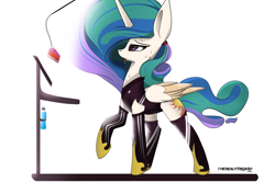 Size: 4961x3313 | Tagged: safe, artist:therealf1rebird, character:princess celestia, species:alicorn, species:pony, adidas, bedroom eyes, bottle, cake, cakelestia, carrot on a stick, cute, cutelestia, eye, eyes, female, food, horn, mane, mare, nice, open mouth, solo, sports, sweat, tongue out, tracksuit, training, treadmill, workout