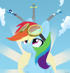 Size: 960x990 | Tagged: safe, artist:shiny-dust, character:fleetfoot, character:rainbow dash, character:soarin', character:spitfire, species:pegasus, species:pony, bust, chest fluff, clothing, cloud, female, flying, folded wings, goggles, lineless, male, mare, sky, solo focus, stallion, uniform, wings, wonderbolts, wonderbolts uniform
