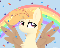 Size: 959x770 | Tagged: safe, artist:shiny-dust, oc, oc only, species:pegasus, species:pony, chest fluff, female, lineless, mare, rainbow, sky, solo, spread wings, wings