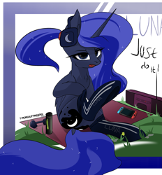 Size: 2429x2620 | Tagged: safe, artist:therealf1rebird, character:princess luna, species:alicorn, species:pony, gamer luna, butt, clothing, drink, dumbbell (object), ears, energetic, eyelashes, female, fur, grass, headphones, high res, hooves, horn, just do it, mane, mare, mat, monster energy, moon, mouth, nintendo, nintendo switch, nose, pigtail, plot, radio, socks, solo