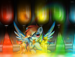 Size: 2600x2000 | Tagged: safe, artist:thetarkaana, character:rainbow dash, species:pegasus, species:pony, fanfic:rainbow factory, eye clipping through hair, female, licking, liquid rainbow, mare, rainbow factory dash, solo, spectra, spread wings, tongue out, wings