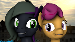 Size: 3840x2160 | Tagged: safe, artist:dawnyr, artist:dawnyrs, character:scootaloo, oc, oc:rome silvanus, species:earth pony, species:pegasus, species:pony, 3d, looking at each other, smiling, source filmmaker, town