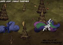 Size: 4137x2996 | Tagged: safe, artist:therealf1rebird, character:princess celestia, character:princess luna, species:alicorn, species:bird, species:pony, species:rabbit, animal, branches, bush, crossover, crown, don't starve together, ears, flower, game, grass, hooves, horn, jewelry, mane, regalia, sweat, wood
