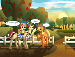 Size: 1415x1066 | Tagged: safe, artist:jewlecho, character:applejack, character:flam, character:flim, apple, clothing, cloud, cloudy, flim flam brothers, leaf, leafstache, moustache, orchard, shadow, sweet apple acres