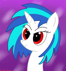 Size: 2989x3212 | Tagged: safe, artist:rainbowšpekgs, character:dj pon-3, character:vinyl scratch, species:pony, species:unicorn, bust, female, mare, portrait, red eyes, simple background, solo, wrong eye color