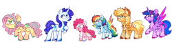 Size: 4388x1062 | Tagged: safe, artist:honneymoonmlp, derpibooru original, character:applejack, character:fluttershy, character:pinkie pie, character:rainbow dash, character:rarity, character:twilight sparkle, character:twilight sparkle (alicorn), species:alicorn, species:earth pony, species:pegasus, species:pony, species:unicorn, chest fluff, clothing, colored hooves, colored wings, cowboy hat, hat, headcanon, mane six, multicolored wings, rainbow wings, unshorn fetlocks, wings