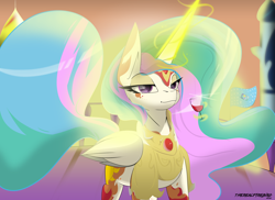 Size: 4816x3508 | Tagged: safe, artist:therealf1rebird, character:princess celestia, species:alicorn, species:pony, alcohol, armor, canterlot, ears, eye, eyelashes, eyes, female, flag, freckles, horn, jewelry, magic, mane, mare, ruby, sky, solo, wine, wineglass
