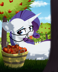 Size: 1300x1600 | Tagged: safe, artist:shiny-dust, character:rarity, species:pony, species:unicorn, apple, apple orchard, apple tree, bridle, bucket, female, food, garden, heart eyes, looking at you, lying on the ground, mare, orchard, reins, solo, tack, tongue out, tree, wingding eyes