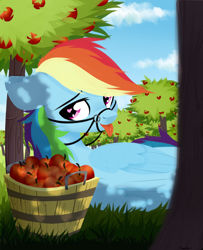 Size: 1300x1600 | Tagged: safe, artist:shiny-dust, character:rainbow dash, apple, apple tree, bridle, female, food, heart eyes, looking at you, lying on the ground, reins, solo, tack, tongue out, tree, wingding eyes
