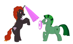Size: 1695x1032 | Tagged: safe, artist:dzamie, species:earth pony, species:pony, species:unicorn, newbie artist training grounds, atg 2020, digital art, lady wifi, miraculous ladybug, ponified, rearing, simple background