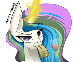Size: 2336x1982 | Tagged: safe, artist:therealf1rebird, character:princess celestia, species:alicorn, species:pony, alcohol, bedroom eyes, bronybait, bust, cute, cutelestia, eye, eyelashes, eyes, female, head, horn, join me, magic, mane, mare, portrait, solo, wine, wineglass