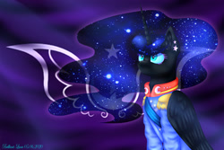 Size: 3600x2400 | Tagged: safe, artist:brilliant-luna, character:nightmare moon, character:princess luna, species:alicorn, species:pony, clothing, commander, ear fluff, ear piercing, ethereal mane, female, flag, galaxy mane, lineless, new lunar empire, piercing, serious, serious face, solo, uniform
