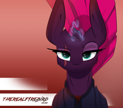 Size: 3981x3508 | Tagged: safe, artist:therealf1rebird, character:fizzlepop berrytwist, character:tempest shadow, species:pony, species:unicorn, armor, broken horn, eye, eyelashes, eyes, female, horn, looking at you, magic, simple background, solo