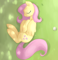 Size: 876x913 | Tagged: safe, artist:risu-nya, character:fluttershy, species:pegasus, species:pony, eyes closed, female, grass, mare, on side, outdoors, shadow, sleeping, solo
