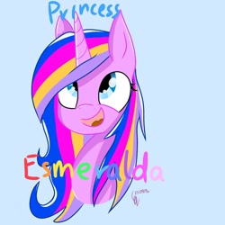 Size: 1080x1080 | Tagged: safe, artist:princessesmeraldaofficial, oc, oc only, oc:princess esmerelda, species:alicorn, species:pony, :d, alicorn oc, blue background, bust, female, horn, mare, not cadance, simple background, smiling, solo