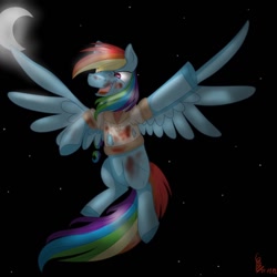 Size: 1080x1080 | Tagged: safe, artist:princessesmeraldaofficial, character:rainbow dash, species:pegasus, species:pony, blood, crescent moon, dirty, female, flying, mare, moon, night, open mouth, signature, solo, stars