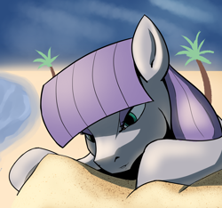 Size: 2290x2143 | Tagged: safe, artist:ahobobo, character:maud pie, species:earth pony, species:pony, beach, cute, female, mare, maudabetes, ocean, palm tree, rock, sand, solo, that pony sure does love rocks, tree