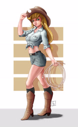 Size: 2168x3508 | Tagged: safe, artist:beamsaber, character:applejack, species:human, my little pony:equestria girls, applebucking thighs, applejack's hat, belly button, boots, clothing, cowboy boots, cowboy hat, female, front knot midriff, hat, humanized, lasso, legs, midriff, miniskirt, rope, shirt, shoes, skirt, solo, stetson, thighs