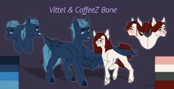 Size: 2560x1312 | Tagged: safe, artist:coffeez, oc, oc:coffeez, oc:vittel bone, species:earth pony, species:pegasus, species:pony, g4, colored hooves, eyebrows, female, hooves, hug, looking at each other, looking at you, male, mare, profile, raised hoof, reference, shipping, signature, simple background, stallion, straight, text, three quarter view, vitteez, wings