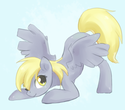 Size: 664x585 | Tagged: safe, artist:risu-nya, character:derpy hooves, species:pegasus, species:pony, blue background, face down ass up, female, looking at you, mare, simple background, solo, spread wings, wings