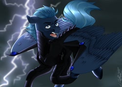 Size: 1750x1250 | Tagged: safe, artist:coffeez, oc, oc:vittel bone, species:pegasus, species:pony, angry, armor, armored pony, flying, light, looking at you, overcast, rain, screaming, storm