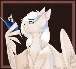 Size: 2390x2160 | Tagged: safe, artist:coffeez, oc, species:pegasus, species:pony, brown background, cocktail glass, glass, looking at each other, pony in glass, simple background, smiling, wings