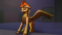 Size: 1920x1080 | Tagged: safe, artist:aterhut, character:spitfire, species:pegasus, species:pony, big wings, female, looking at you, mare, smiling, solo, spread wings, wings