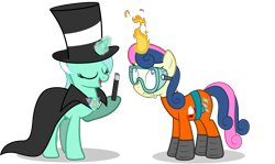 Size: 4331x2589 | Tagged: safe, artist:mrflabbergasted, character:bon bon, character:lyra heartstrings, character:sweetie drops, bon bon is not amused, cape, clothing, fire, goggles, hat, magic, simple background, top hat, transparent background, wand